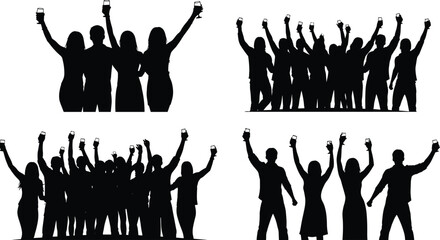 Black Silhouette Set of Happy People Cheering and Making a Toast with Raised Glasses, Celebrating Success, Party, or New Year Vector Illustration.