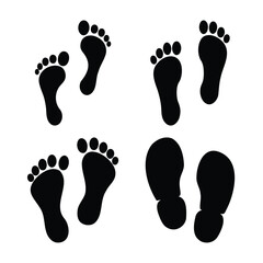 Diverse human footprints and shoe prints black silhouette