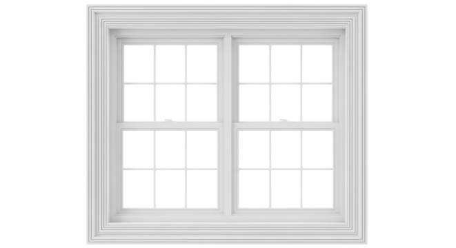 Double hung window with decorative white trim isolated on black background