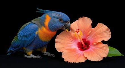 Colorful parrot feeds on bright orange hibiscus flower