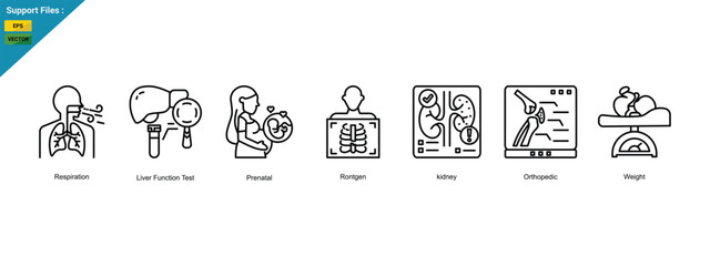 Clinical Health Monitoring web banner icon vector illustration featuring Respiration, Liver Function Test, Prenatal, Rontgen, Kidney, Orthopedic, and Weight for comprehensive body system checks.