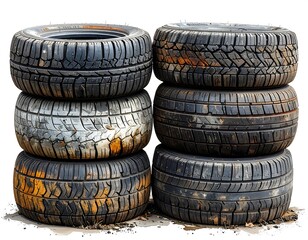 Six used car tires, stacked on top of each other, on a white background