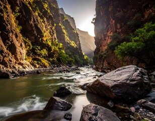 Stunning sunlit canyon reveals a flowing river, framed by towering rock cliffs, and lush greenery