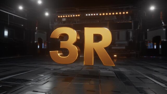 Gold 3R letters in a dark industrial environment