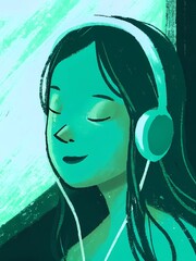 Illustration of woman listening music with headphones digital art portrait green aesthetic relaxing vibe
