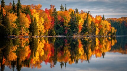 Bright fall foliage surrounds a peaceful lake with trees in shades of orange red and yellow. The landscape is mirrored in the still water creating a serene autumn scene.