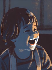 Happy child laughing joyful kid portrait illustration cheerful face expressive art dark background bright light