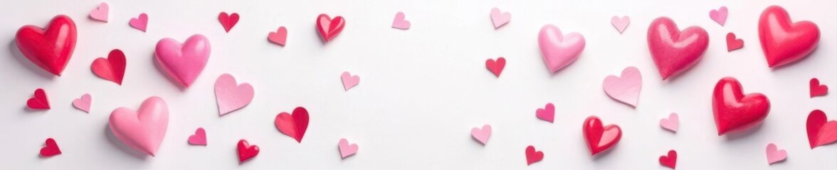 Fototapeta premium Pink and red hearts strewn across white backdrop Top view of Valentine's Day decor , paper craft, white background, valentines