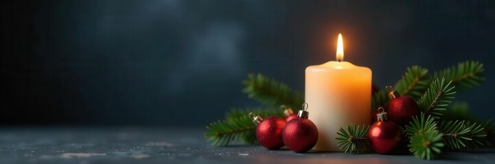 Single candle burns amidst fir branches and festive ornaments, dark grey backdrop , traditional, simple