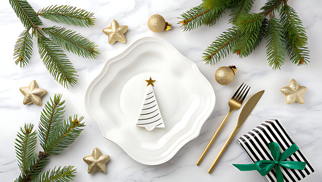 Elegant christmas table setting with festive decorations and golden accents