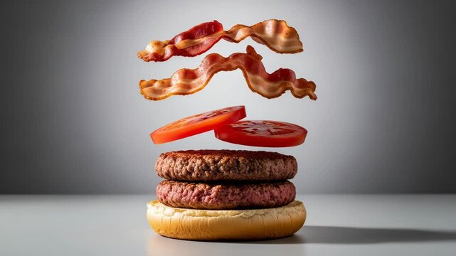 Deconstructed bacon cheeseburger ingredients floating in air against a gradient gray background studio shot, 4k video