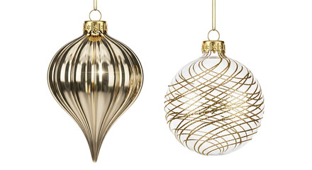 Elegant Christmas tree ornaments in gold and white against black background