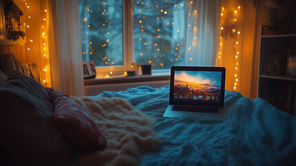 a cozy bedroom with string lights, fluffy blankets, and a laptop playing a movie, relaxing weekend vibe