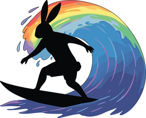 Cartoon silhouette surfer with rabbit ears riding rainbow-colored wave, whimsical fantasy animal surfing artwork, vibrant colorful vector illustration