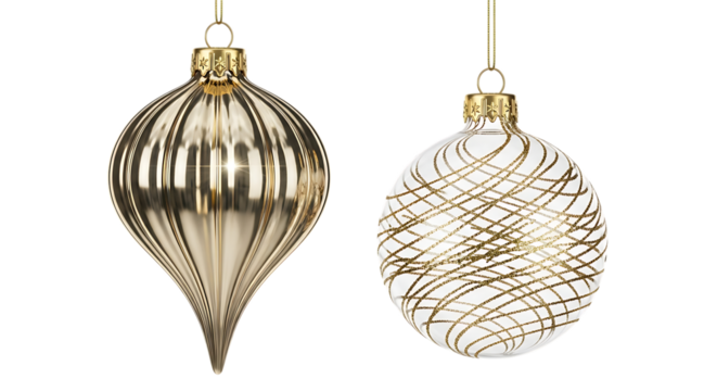Elegant Christmas tree ornaments in gold and white against black background