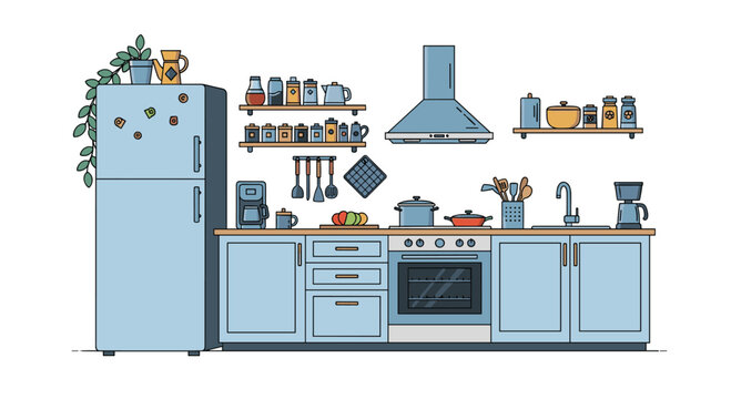 A tidy and well-equipped kitchen featuring light blue cabinetry, a refrigerator, oven, and various cooking essentials in a contemporary flat design.