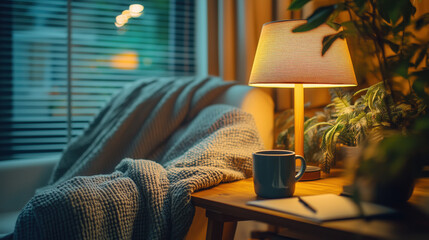 a cozy home office corner with warm lamp light, coffee mug, and soft blanket over the chair, calm and focused tone