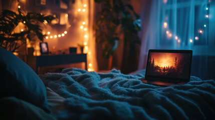 a cozy bedroom with string lights, fluffy blankets, and a laptop playing a movie, relaxing weekend vibe