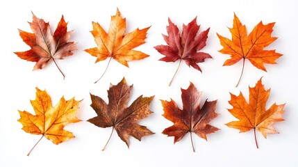 Fototapeta premium Assorted Maple Leaves in Vibrant Autumn Colors Arranged in a Line on a White Background for Fall and Seasonal Decor Inspiration