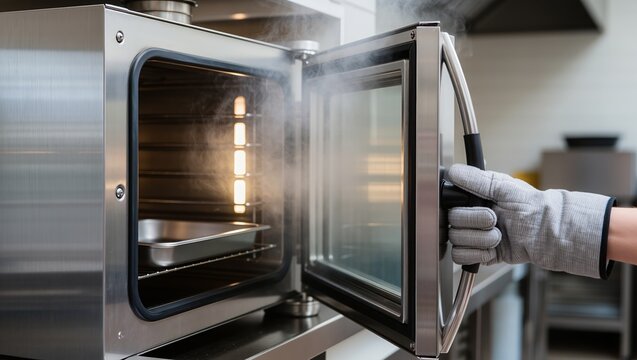 A heat-resistant gloved hand opens a hot combi steamer in a school or kindergarten kitchen. Steam rises from the chamber, revealing a metal tray and clean stainless-steel surfaces used for daily meal