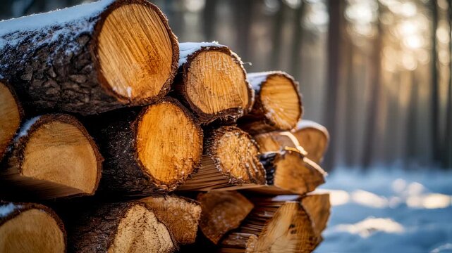 Winter Forest Firewood Logging: A Scenic View of Stacked Logs in Snowy Landscape, Resourceful Fuel