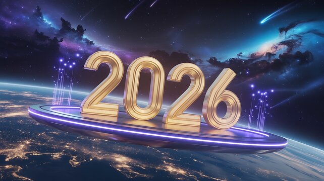 Futuristic 2026 golden numbers floating on a glowing sci-fi platform above Earth with cosmic nebula, stars and vibrant space lighting