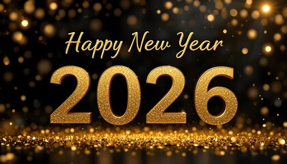 &ldquo;Elegant Happy New Year 2026 golden typography on black background, floating gold confetti, soft glowing lights, luxury celebration theme, high-resolution, clean composition, perfect for greeting card