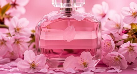Elegant pink crystal perfume bottle surrounded by delicate cherry blossom flowers on soft pink background for feminine fragrance advertisement