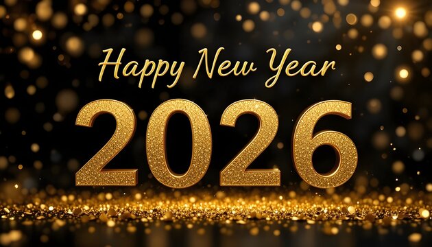 “Elegant Happy New Year 2026 golden typography on black background, floating gold confetti, soft glowing lights, luxury celebration theme, high-resolution, clean composition, perfect for greeting card