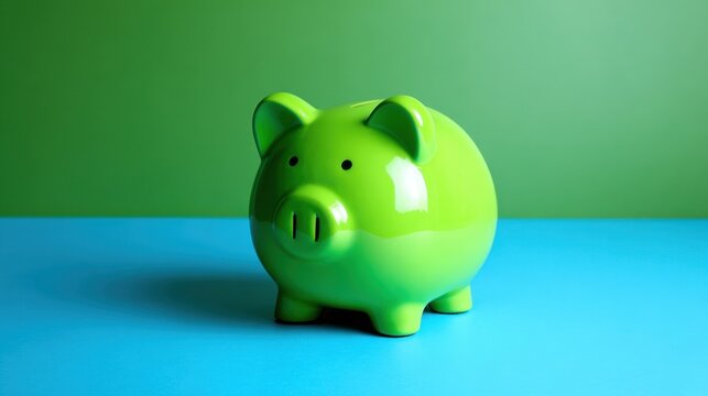 A cheerful green piggy bank is placed on a light blue table contrasting with a vibrant green wall. This scene represents the importance of saving money and financial planning.