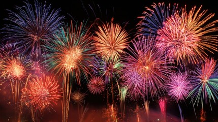 Bright and vibrant fireworks explode in the night sky showcasing a variety of colors and patterns. This stunning display happens during a festive event captivating the audience.