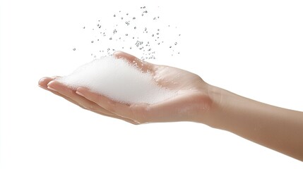 Hand Holding White Foam with Bubbles Against White Background for Cleanliness and Hygiene Conceptual Imagery in Stock Photo Collection