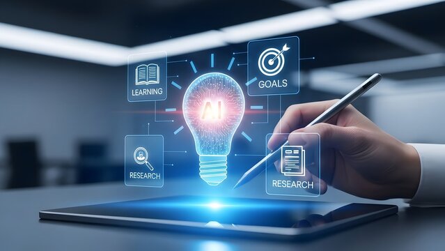 Futuristic digital hologram of a lightbulb and business icons