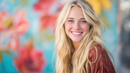 Obraz premium A cheerful young woman with flowing blonde hair stands in front of a vibrant floral mural. She beams with joy under clear blue skies showcasing a relaxed and friendly vibe.