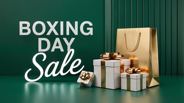 Elegant Boxing Day sale display with white gift boxes, golden ribbons and a luxury shopping bag against a modern green background