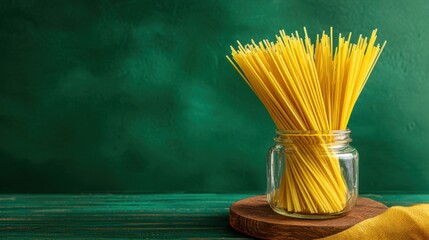 Long strands of yellow spaghetti are neatly packed in a clear glass jar sitting on a wooden board. The background features a smooth green surface creating a cozy kitchen vibe.