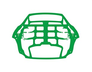 Simplified green geometric illustration of a vehicle's frame structure