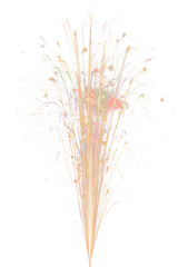 Colorful burst of curved lines and dots radiating upward, resembling festive fireworks or abstract bouquet.