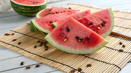 Fresh sliced watermelon on a rustic table