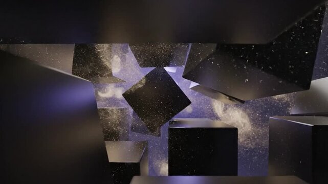 Abstract geometric shapes exploding with glowing particles in a dark space