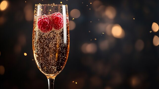 A closeup shot of a champagne flute filled with bubbly champagne and two raspberries, with bokeh lights in the background