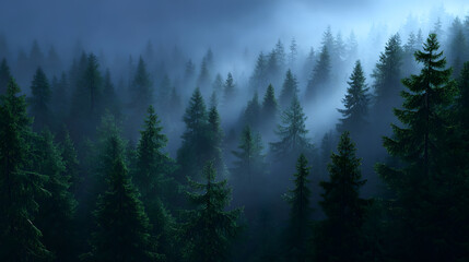 Fototapeta premium Mystical Forest Embrace: A breathtaking view of towering pine trees, enveloped in a dense fog, creates an ethereal and mysterious atmosphere, evoking tranquility.