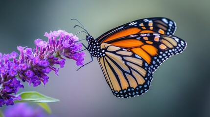 Obraz premium Beautiful Monarch Butterfly Perched on Vibrant Purple Flower in Nature's Garden with Delicate Details and Soft Background Blur