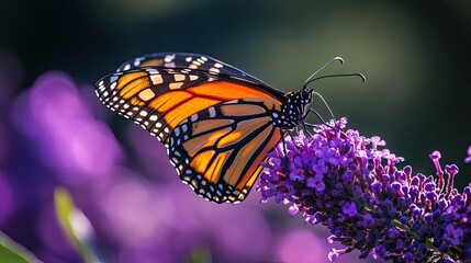 Naklejka premium Colorful Monarch Butterfly Perched on Vibrant Purple Flower During Bright Sunny Day Showcasing Nature's Beauty and Delicate Details of Insect Wings