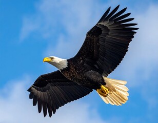 Obraz premium Majestic bald eagle in flight against a bright blue sky with scattered white clouds