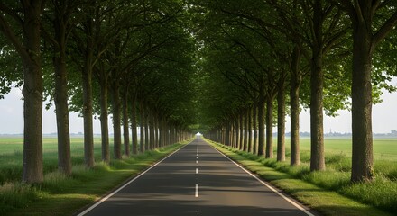 Fototapeta premium Straight asphalt road lined with trees leading toward the horizon, serene green fields on sides