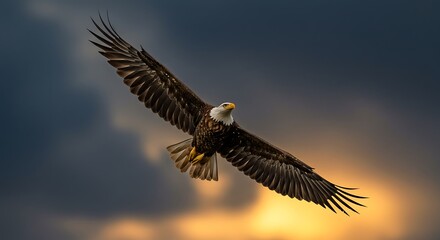 Obraz premium Majestic bald eagle in flight against a dramatic sky with wings spread wide, captured in motion