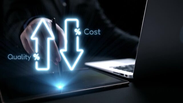 A striking digital illustration showcasing a business concept of quality and cost metrics, depicted with glowing arrows. Ideal for finance, strategy, and analysis themes. Qubit