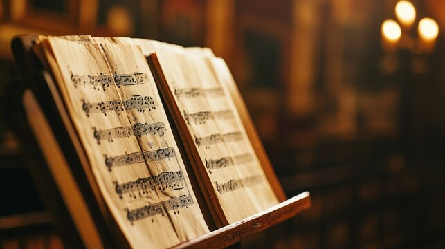 Antique Sheet Music Displayed on Stand in a Softly Lit and Elegant Setting for Music Lovers and Musicians Capturing Melodic Heritage and Culture