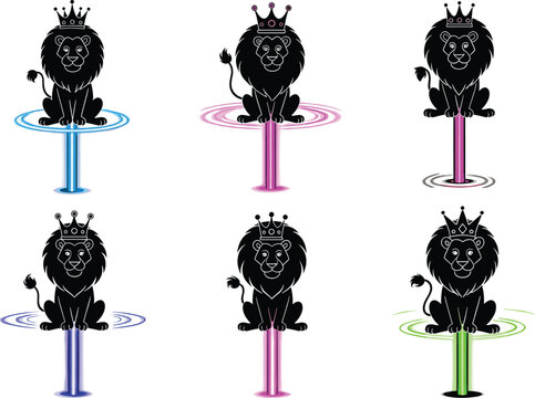 Cartoon lions wearing crowns sitting on colorful pedestals with ripple effects, regal animal logo design, royal barbershop branding vector artwork